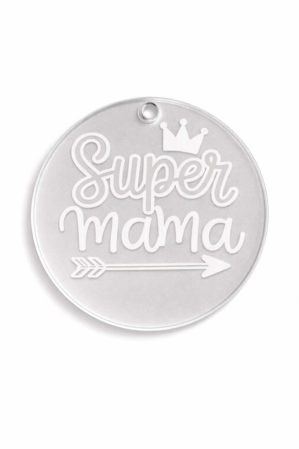 Διάφανο στρογγυλό plexiglass στοιχείο 6εκ με χάραξη Super Mama και λευκό εφέ αμμοβολής, με τρύπα για  diy κατασκευές, So Cute Cut