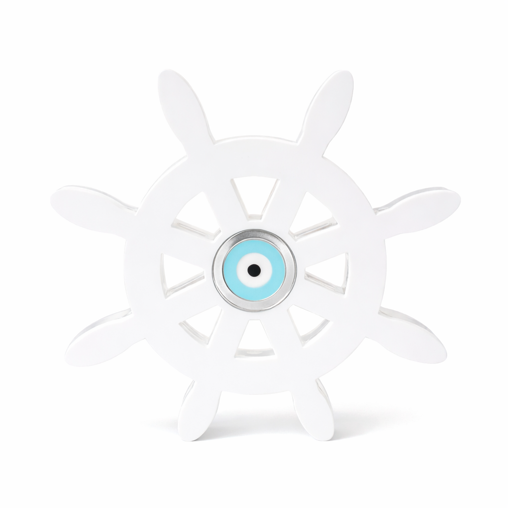 Τιμόνι πλεξιγκλάς λευκό με μάτι ασημί καθρέφτη επιτραπέζιο γούρι ναυτικό διακοσμητικό, So Cute Cut