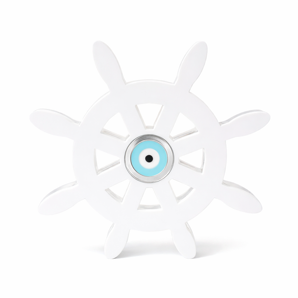 Τιμόνι πλεξιγκλάς λευκό με μάτι ασημί καθρέφτη επιτραπέζιο γούρι ναυτικό διακοσμητικό, So Cute Cut