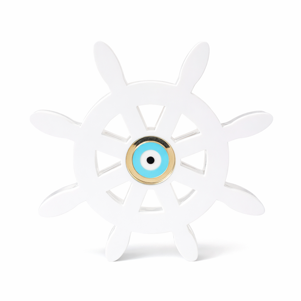 Τιμόνι πλεξιγκλάς λευκό με μάτι χρυσού καθρέφτη επιτραπέζιο γούρι ναυτικό διακοσμητικό, So Cute Cut