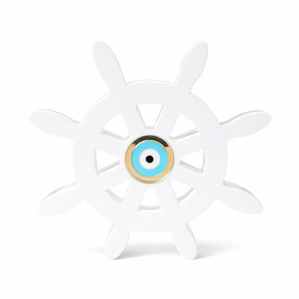 Τιμόνι πλεξιγκλάς λευκό με μάτι χρυσού καθρέφτη επιτραπέζιο γούρι ναυτικό διακοσμητικό, So Cute Cut