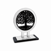 Tree of Life εταιρικό γούρι με ξύλινο δέντρο ζωής σε στρογγυλή κορνίζα από ασημί πλεξιγκλάς καθρέφτη και χάραξη λογοτύπου στη βάση – So Cute Cut