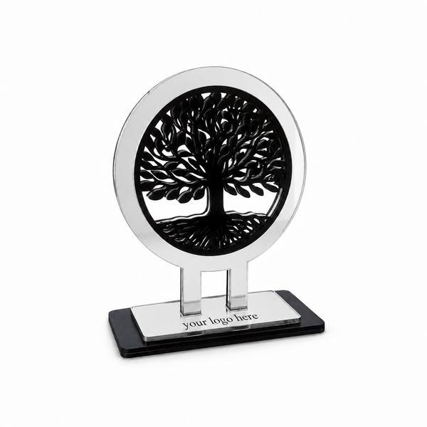 Tree of Life εταιρικό γούρι με ξύλινο δέντρο ζωής σε στρογγυλή κορνίζα από ασημί πλεξιγκλάς καθρέφτη και χάραξη λογοτύπου στη βάση – So Cute Cut