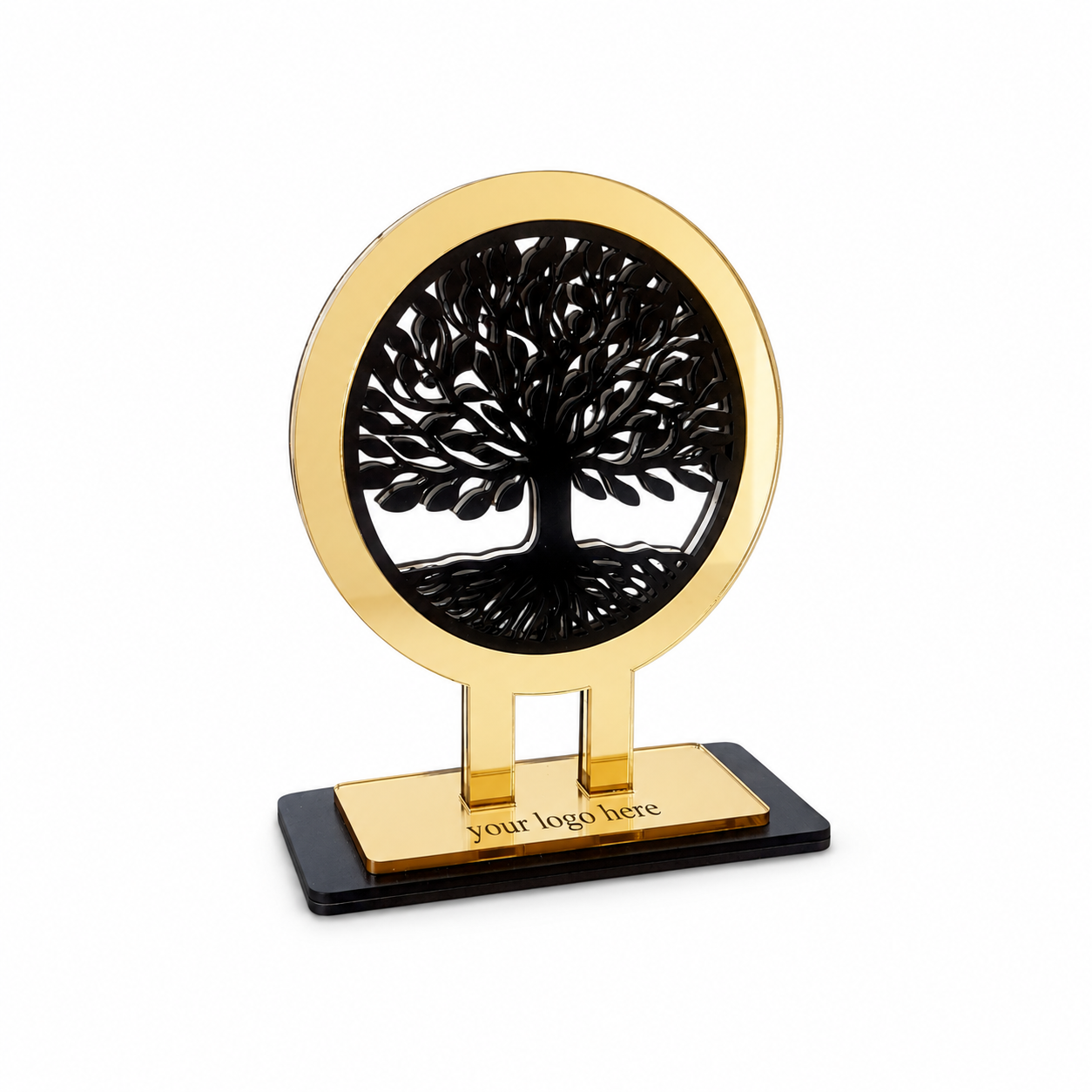 Tree of Life εταιρικό γούρι με ξύλινο δέντρο ζωής σε στρογγυλή κορνίζα από χρυσό πλεξιγκλάς καθρέφτη – So Cute Cut