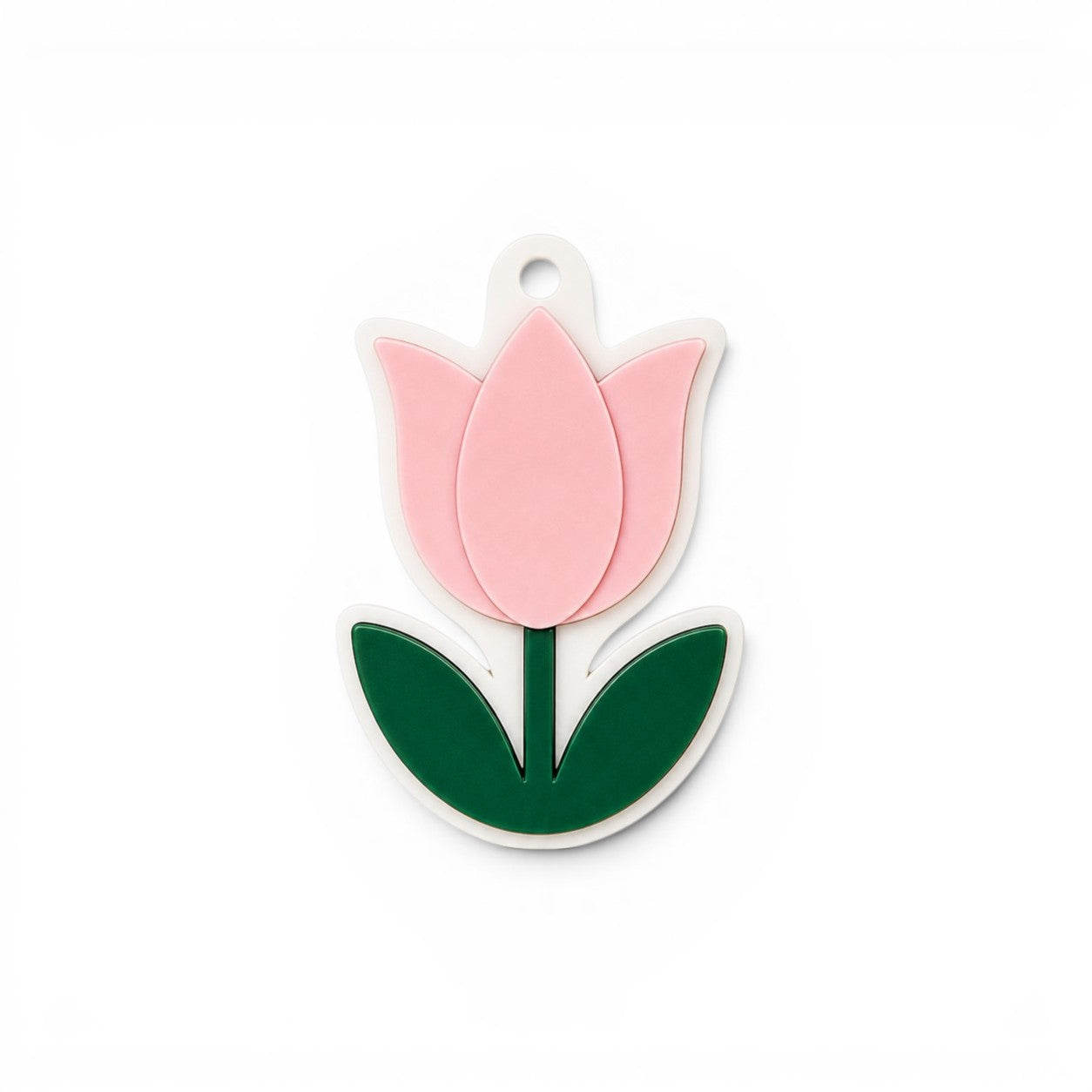 Minimal acrylic tulip στοιχείο για μπομπονιέρα βάπτισης με baby pink πέταλα και πράσινα φύλλα πάνω σε λευκή βάση πλεξιγκλάς by So Cute Cut