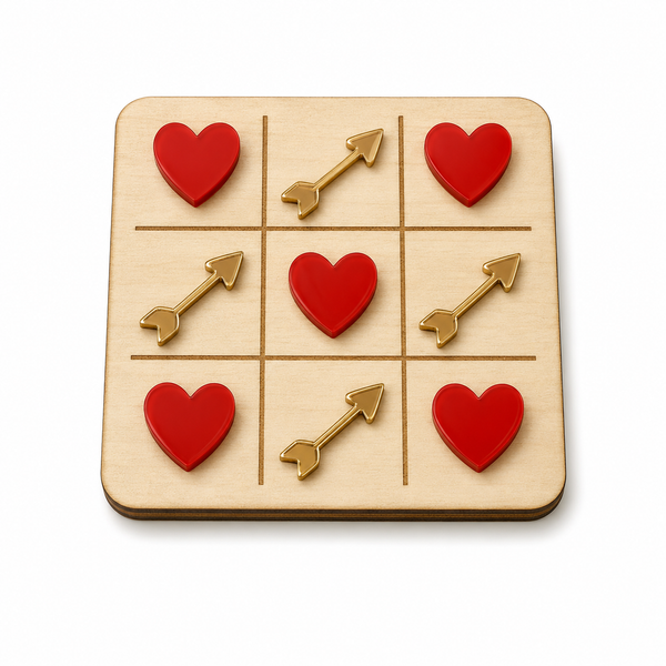Τρίλιζα Valentine με ξύλινη βάση από MDF σημύδα και πιόνια από κόκκινες καρδιές και χρυσά βελάκια από πλεξιγκλάς σε λευκό φόντο.