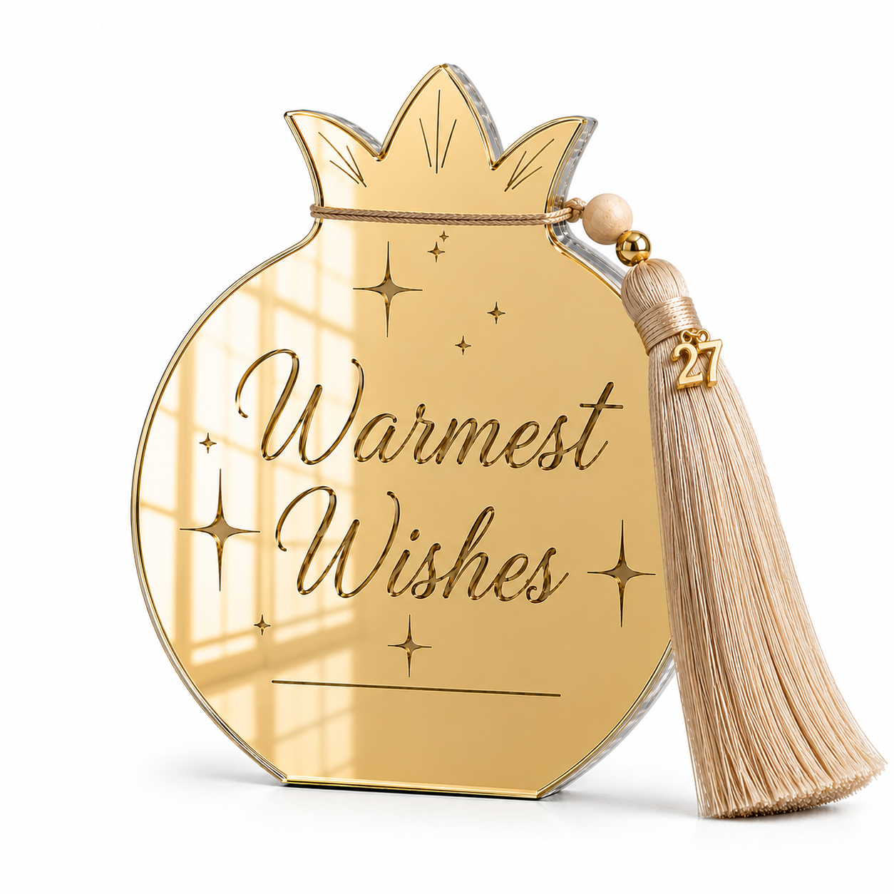 Χειροποίητο γούρι ρόδι Warmest Wishes με χρυσό καθρέφτη, φούντα και μεταλλικό charm 27