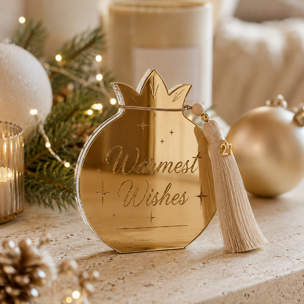 Γούρι ρόδι Warmest Wishes από χρυσό καθρέφτη πλεξιγκλάς με φούντα και charm 27 σε χριστουγεννιάτικη διακόσμηση σπιτιού