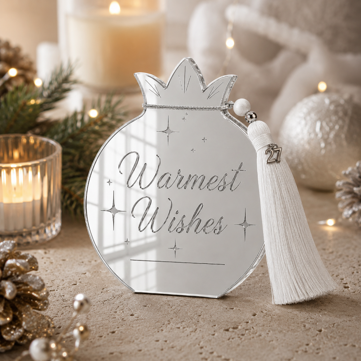 Χριστουγεννιάτικο γούρι ρόδι Warmest Wishes από ασημί καθρέφτη πλεξιγκλάς με λευκή φούντα και charm 27