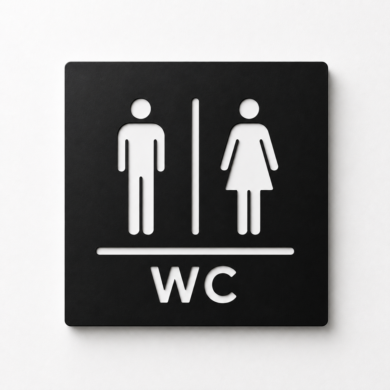 Modern engraved WC restroom sign made from two-layer acrylic by So Cute Cut