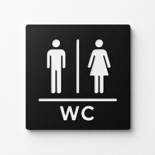 Modern engraved WC restroom sign made from two-layer acrylic by So Cute Cut