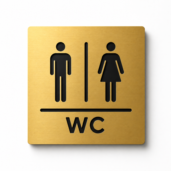 Modern engraved WC restroom sign made from two-layer acrylic by So Cute Cut