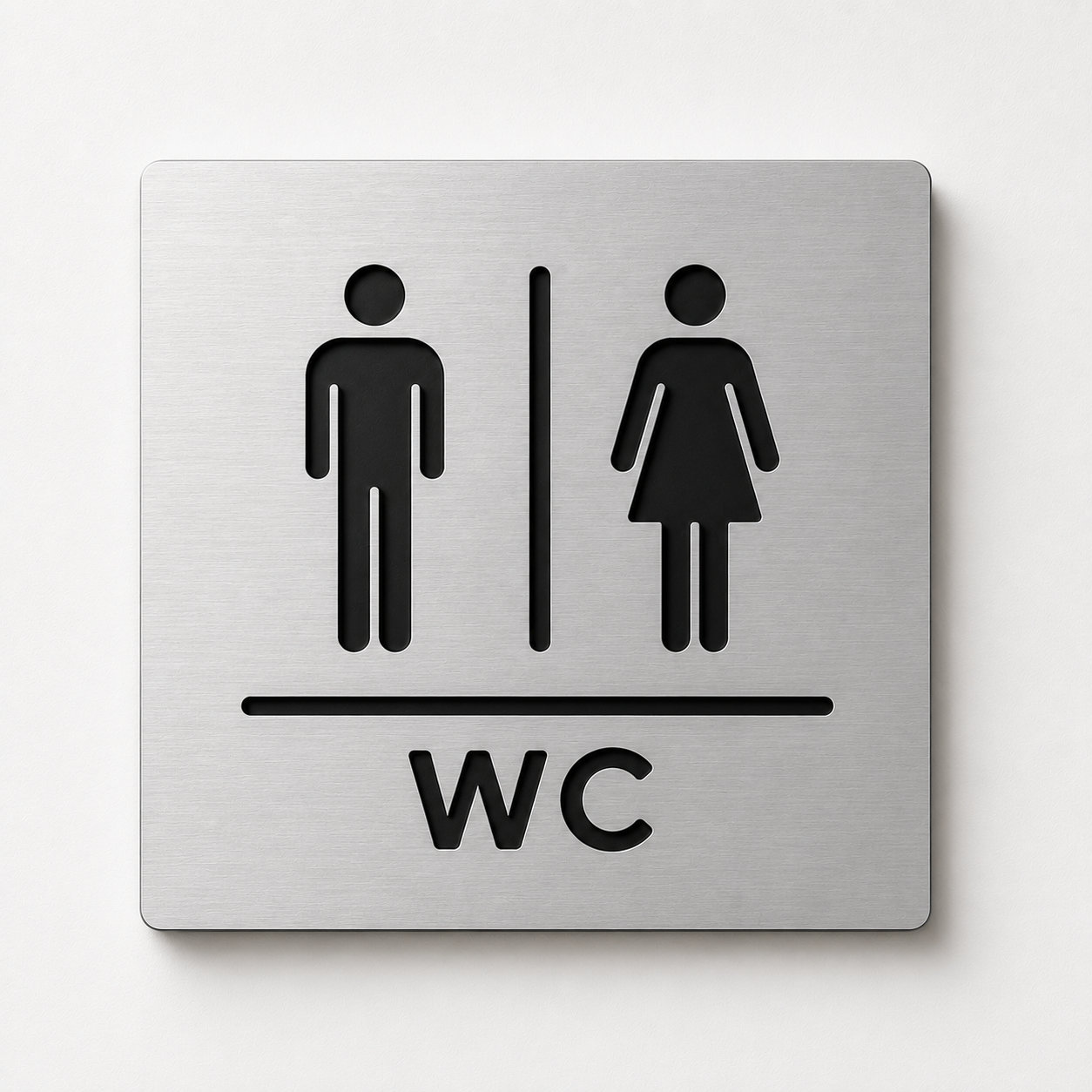 Modern engraved WC restroom sign made from two-layer acrylic by So Cute Cut