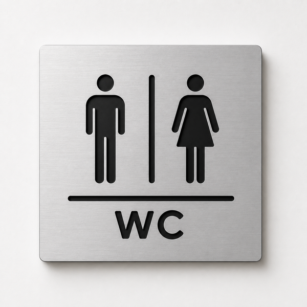 Modern engraved WC restroom sign made from two-layer acrylic by So Cute Cut
