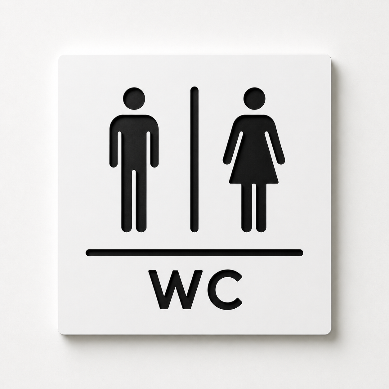 Modern engraved WC restroom sign made from two-layer acrylic by So Cute Cut