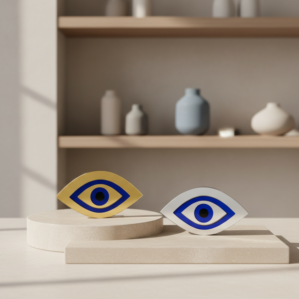 Χειροποίητο γούρι μάτι plexiglass καθρέφτης χρυσό και ασημί με μπλε ίριδα – So Cute by Dimi