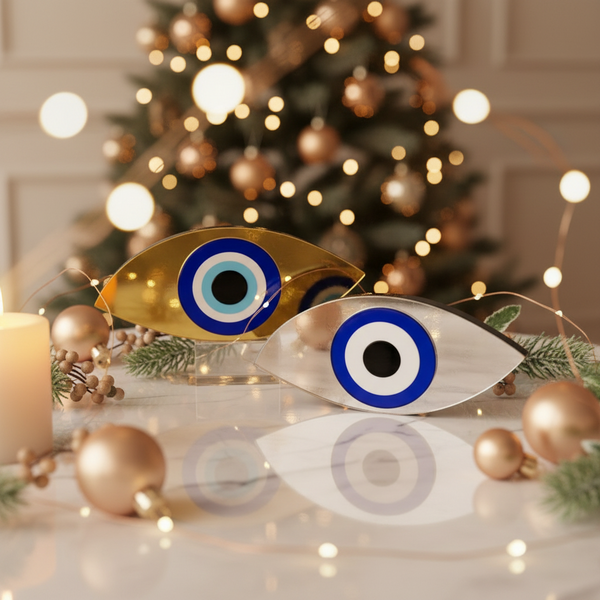 Χειροποίητο γούρι μάτι plexiglass καθρέφτης οβάλ λοξό σχήμα χρυσό και ασημί – So Cute by Dimi