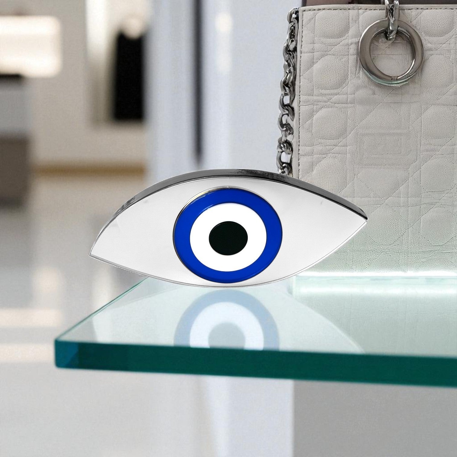 Χειροποίητο γούρι μάτι plexiglass καθρέφτης οβάλ λοξό σχήμα  ασημί – So Cute by Dimi