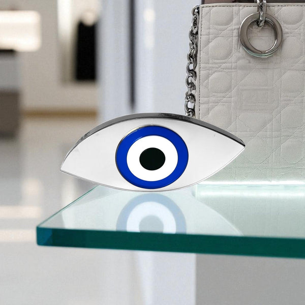 Χειροποίητο γούρι μάτι plexiglass καθρέφτης οβάλ λοξό σχήμα  ασημί – So Cute by Dimi