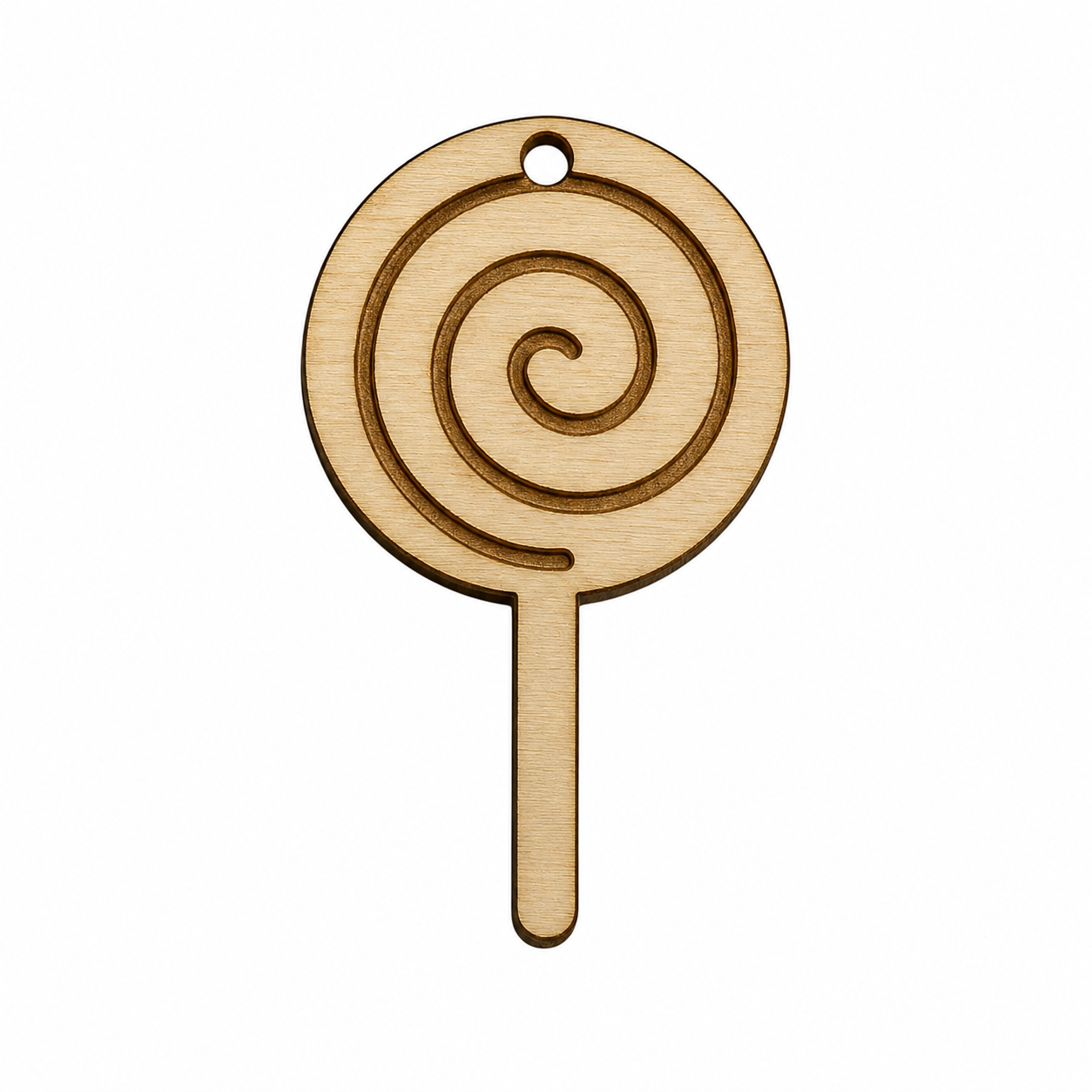 Ξύλινο laser-cut γλειφιτζούρι με engraved spiral σχέδιο από κόντρα πλακέ ή MDF σημύδα σε λευκό φόντο by So Cute Cut