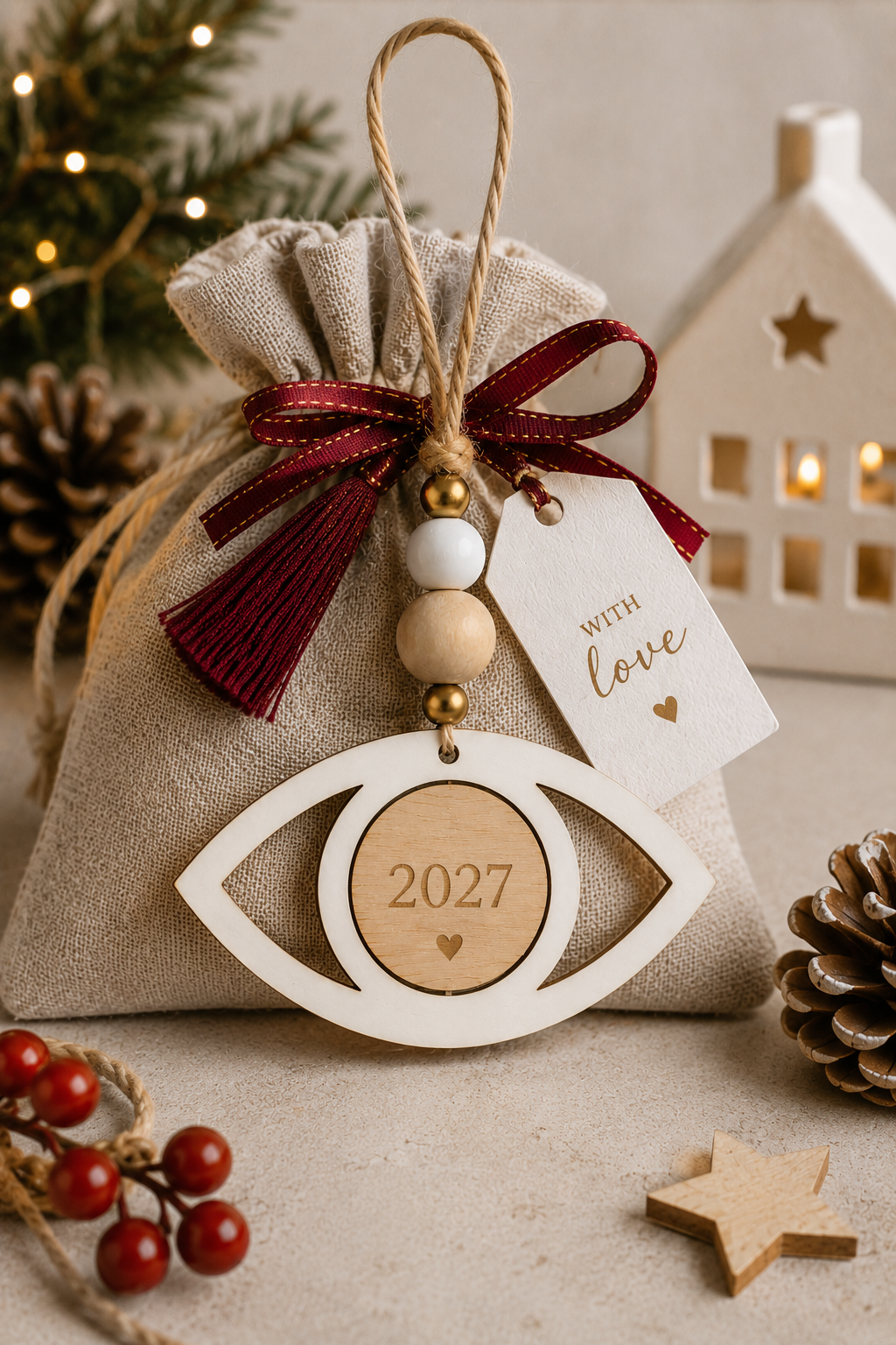 Ιδέα  χρήσης ξύλινου laser cut πλαίσιου σε σχήμα ματιού από MDF για προσωποποίηση και DIY κατασκευές, κατάλληλο για λαμπάδες, γούρια και μπομπονιέρες – So Cute Cut.