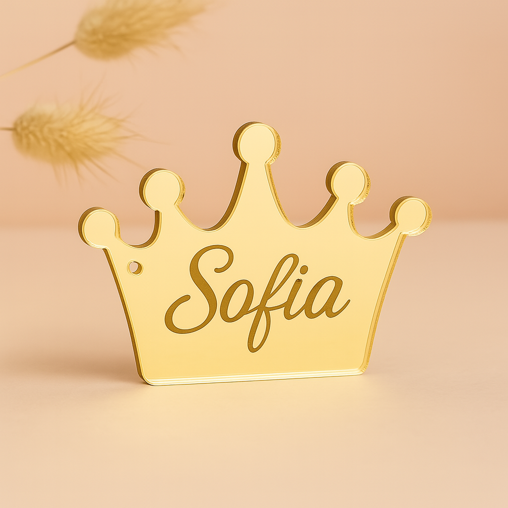 Ακρυλική κορώνα καθρέφτης χρυσό plexiglass με όνομα για βαπτιστικές μπομπονιέρες