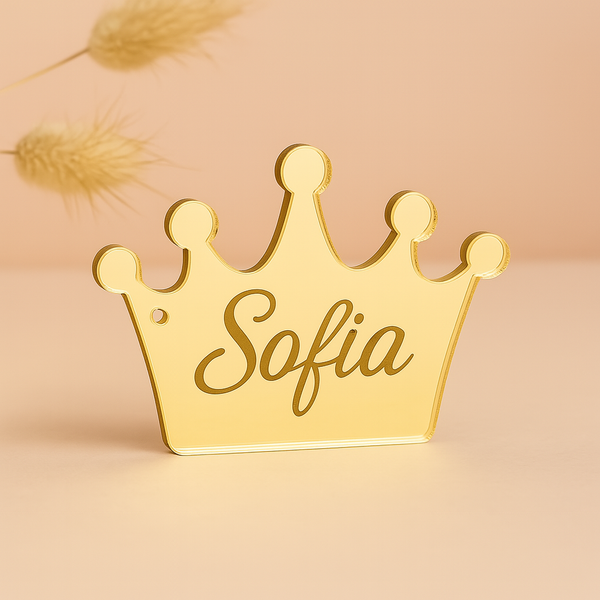 Ακρυλική κορώνα καθρέφτης χρυσό plexiglass με όνομα για βαπτιστικές μπομπονιέρες