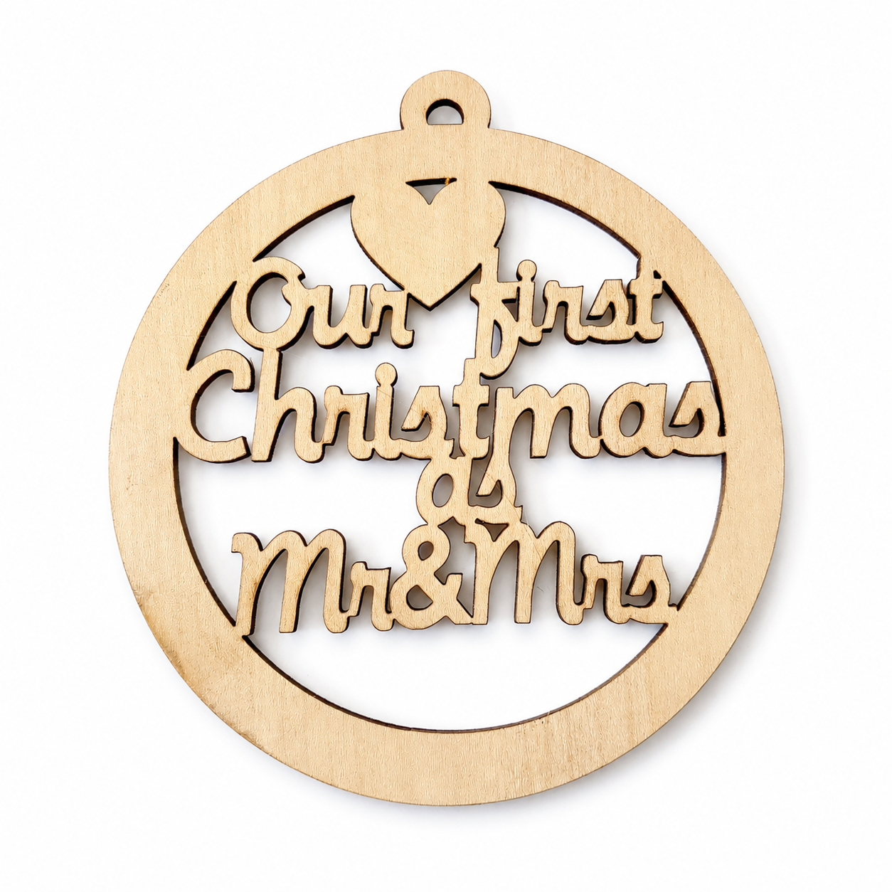 Ξύλινη χριστουγεννιάτικη μπάλα Our first Christmas as Mr & Mrs με καρδιά για γούρια So Cute Cut 5-206-2069