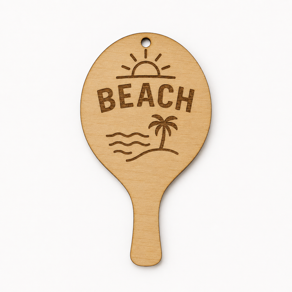 Ξύλινο κρεμαστό στοιχείο ρακέτα beach volley από MDF σημύδας 3mm με καλοκαιρινή χάραξη και οπή ανάρτησης για γούρια, μπομπονιέρες και DIY κατασκευές.