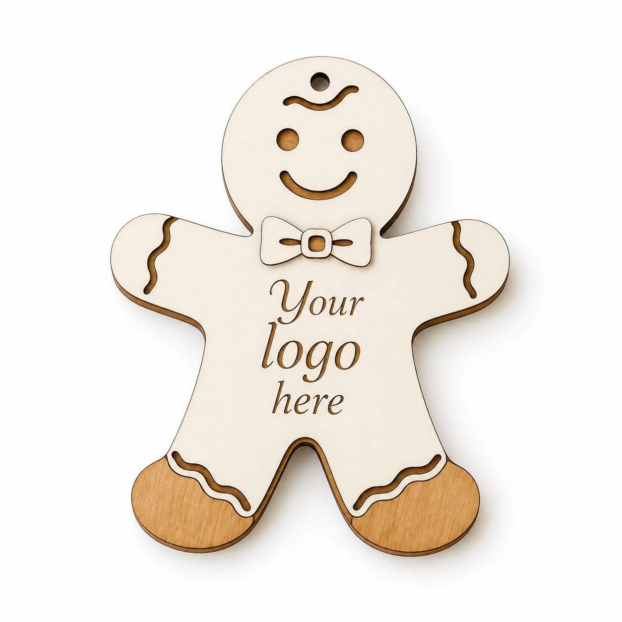 Ξύλινο gingerbread με χάραξη λογοτύπου, διπλή κατασκευή από MDF οξιάς και λευκό MDF, για εταιρικά γούρια από το So Cute Cut.