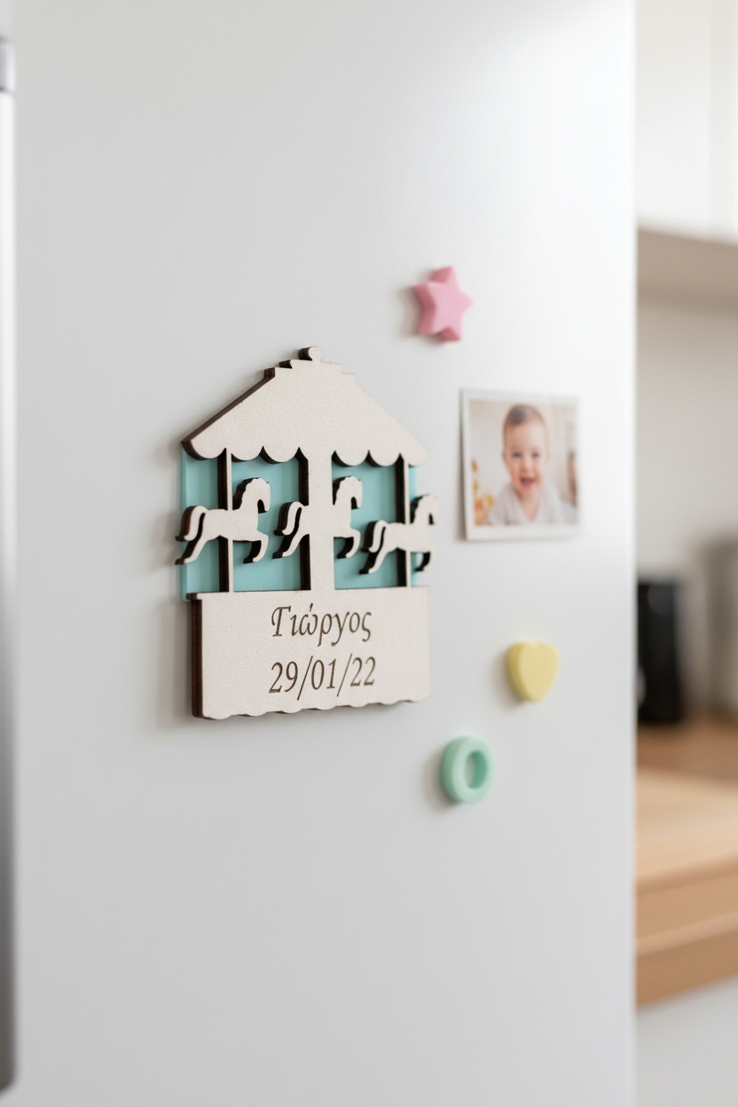 Ξύλινο καρουσέλ MDF με γαλάζια ακρυλική πλάτη προσωποποιημένο για λαμπάδες μπομπονιέρες