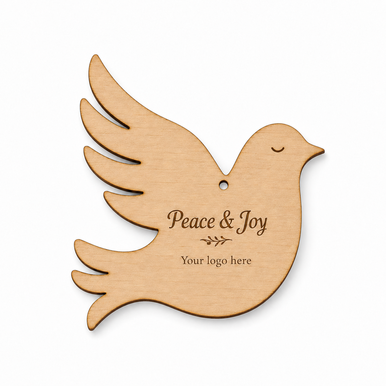 Ξύλινο περιστέρι με χάραξη Peace & Joy και λογότυπο για εταιρικά γούρια και χριστουγεννιάτικες συσκευασίες από το So Cute Cut.