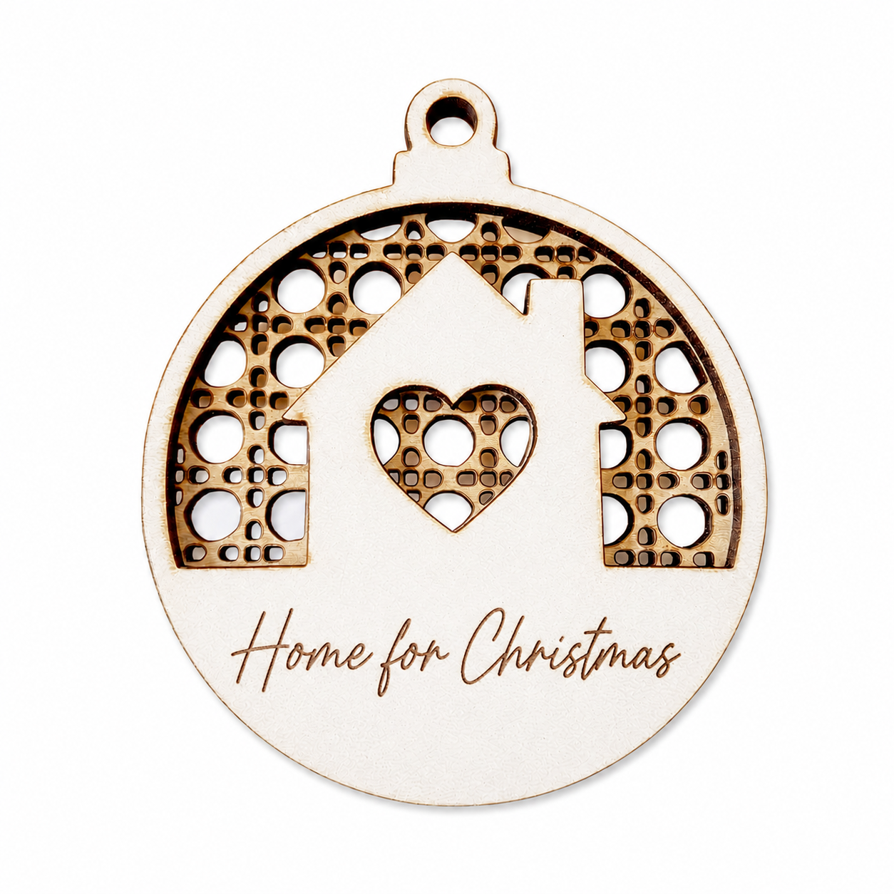Ξύλινο στρογγυλό στοιχείο laser cut με σπιτάκι, καρδιά και ευχή Home for Christmas για χριστουγεννιάτικα γούρια από το So Cute Cut.