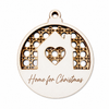 Ξύλινο στρογγυλό στοιχείο laser cut με σπιτάκι, καρδιά και ευχή Home for Christmas για χριστουγεννιάτικα γούρια από το So Cute Cut.