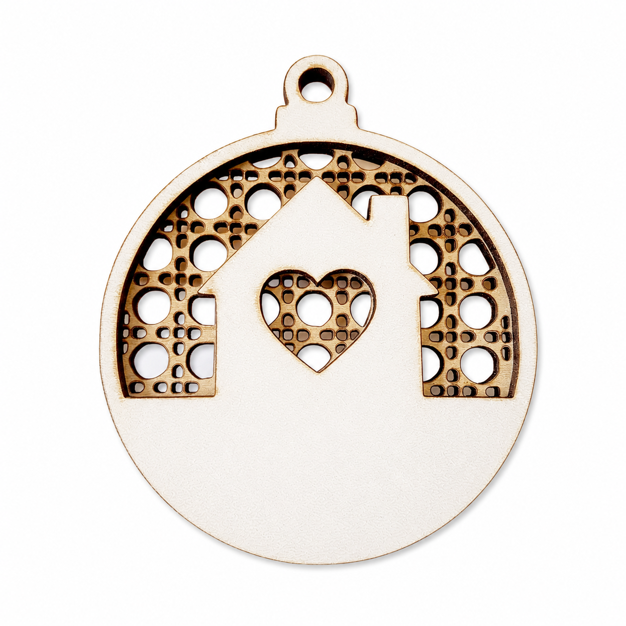 Ξύλινο στρογγυλό στοιχείο laser cut με σπιτάκι και καρδιά για χριστουγεννιάτικα γούρια από το So Cute Cut.