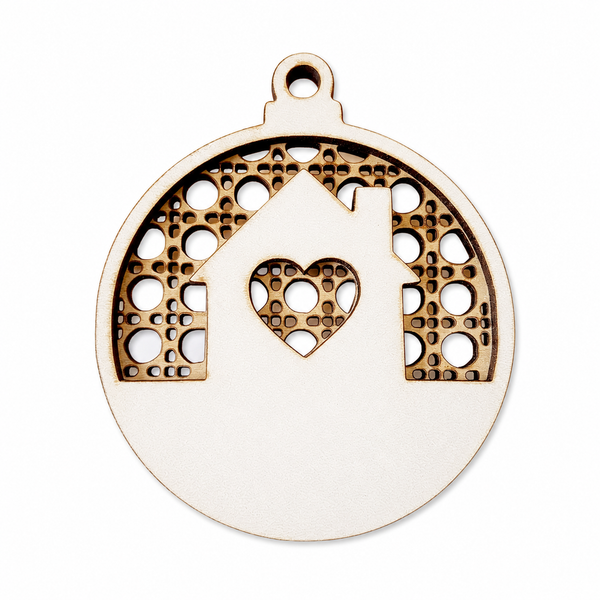 Ξύλινο στρογγυλό στοιχείο laser cut με σπιτάκι και καρδιά για χριστουγεννιάτικα γούρια από το So Cute Cut.