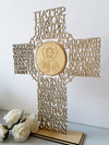 Σταυρός Ξύλινος Πατερ Ημων με βάση και χαραγμένη την εικόνα του Ιησού σε χρυσό καθρέφτη, σε 2 μεγέθη - So Cute Cut